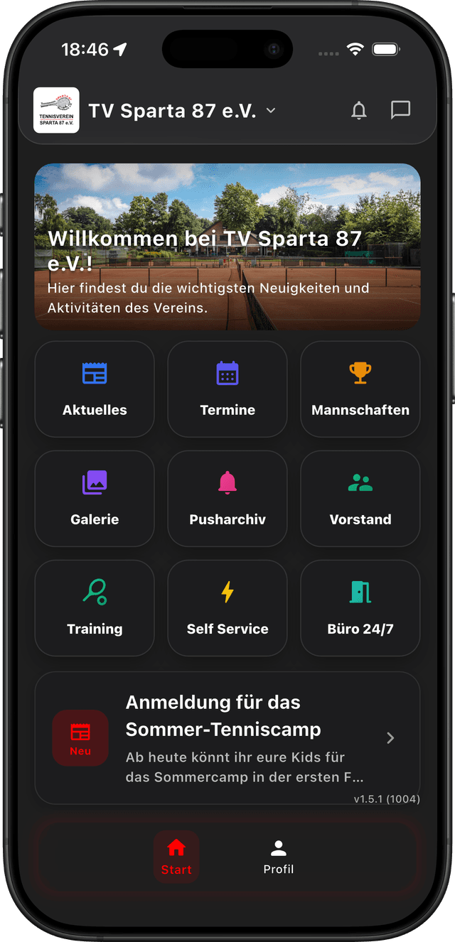 Tennis Vereinsapp Startbildschirm im Dark Mode auf dem Smartphone