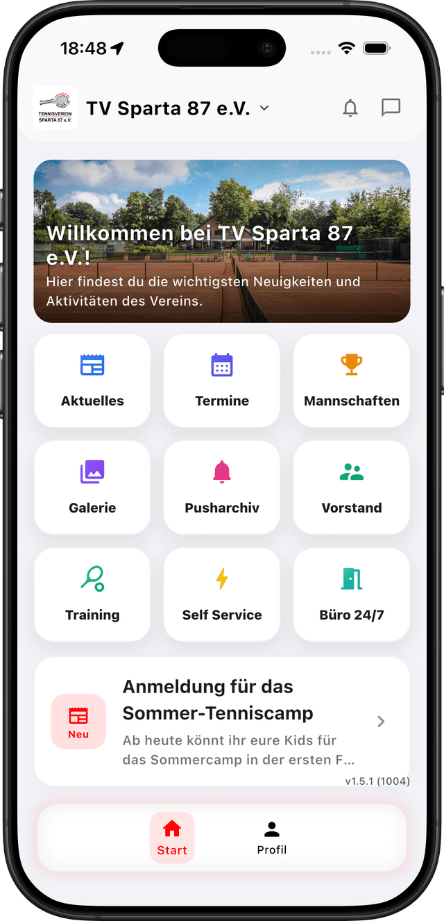 Tennis Vereinsapp Startbildschirm im Light Mode auf dem Smartphone